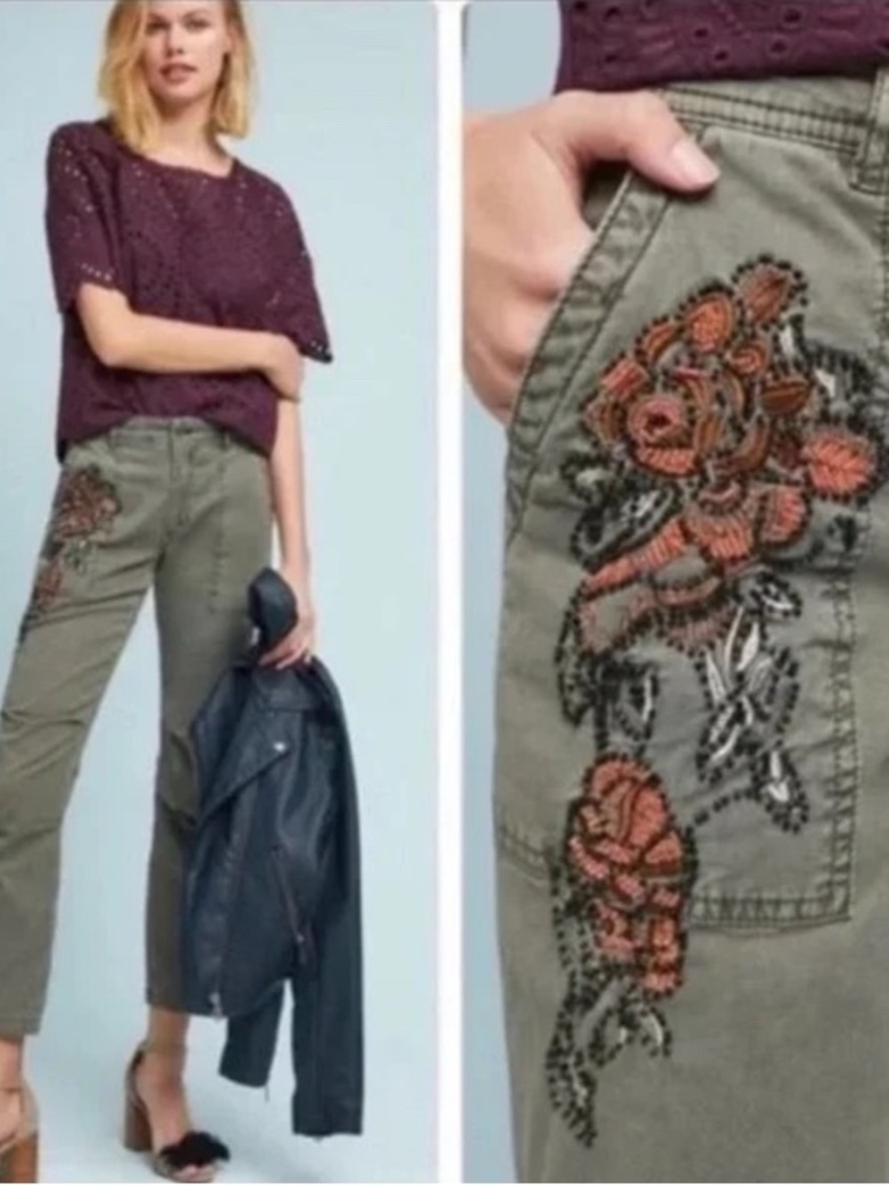 Anthropologie The Wanderer Embroidered Pants - Army Green with Floral Beading 27
